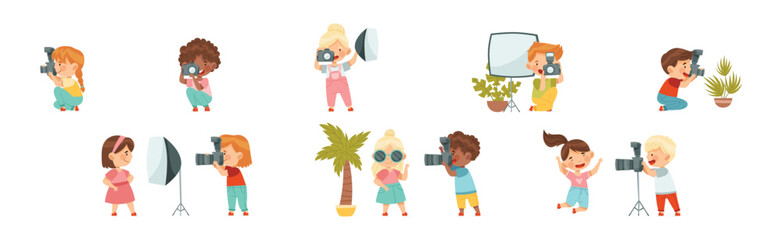 Cute Little Boy and Girl with Camera Taking Photograph Vector Set