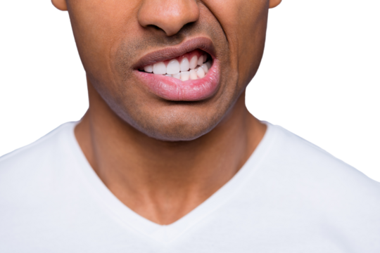 Close-up cropped portrait of his he nice handsome attractive well-groomed evil crazy guy wearing white shirt grinning teeth isolated over gray violet purple pastel background