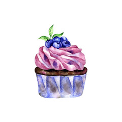 Fresh cupcake with pink cream decorated with blueberry berries and leaves on a white background watercolor element


