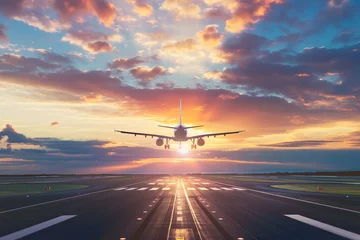 Fototapeten passenger plane, plane lands on the airport runway in beautiful sunset light © mirifadapt