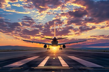 passenger plane, plane lands on the airport runway in beautiful sunset light - obrazy, fototapety, plakaty
