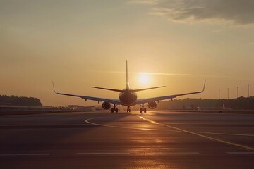 Fototapeta na wymiar passenger plane, plane lands on the airport runway in beautiful sunset light