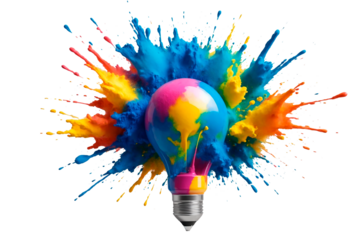 Multicolor colorful paint bulb splashes multicolor dust explosion isolated. Multicolored powder explosion in the shape of a light bulb. holi paint Colorful dust explosion concept.