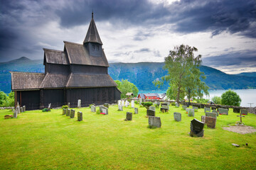 Fototapeta na wymiar Urnes stave church in Ornes, along the Lustrafjorden, Norway