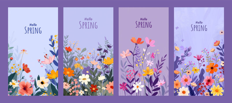 Hello spring seasonal banners collection with beautiful colorful flowers