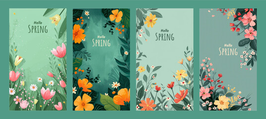 Fototapeta na wymiar Hello spring seasonal banners collection with beautiful colorful flowers