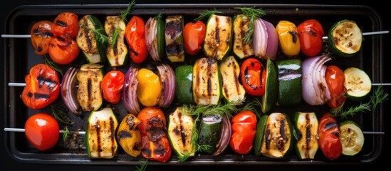 A top view of a grill pan filled with a variety of vegetables, including bell peppers, zucchinis, onions, and mushrooms, marinated in herbs and being cooked.