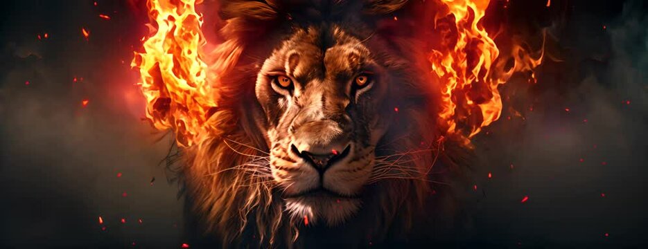 Lion king in fire, Portrait on black background, Wildlife animal. 4K Video