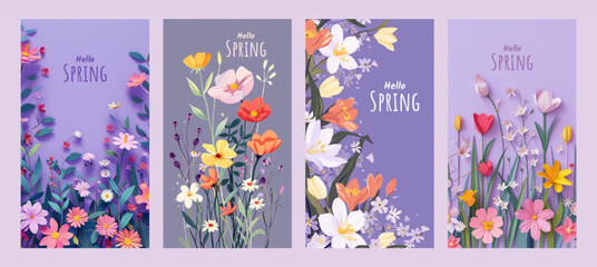 Hello spring seasonal banners collection with beautiful colorful flowers