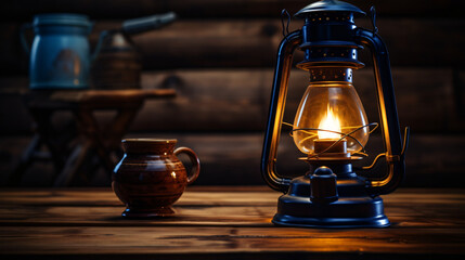 Kerosene lamp on a wooden table with a cup of coffee. - obrazy, fototapety, plakaty