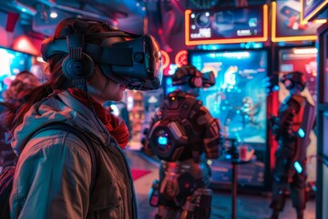 An arcade showing gamers wearing VR headsets and motion suits.