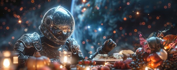 Cinematic render of a knight with a clear helmet gourmet feast on a llama-shaped table