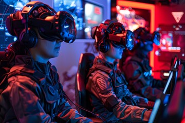 An arcade showing gamers wearing VR headsets and motion suits.