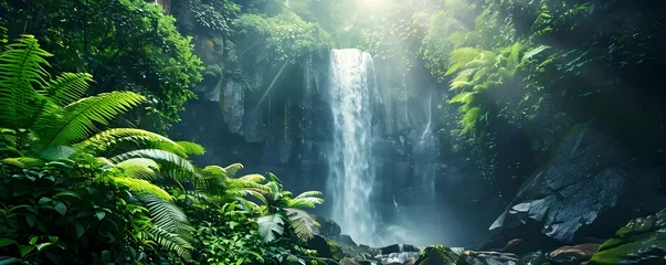 Fototapeten Captivating Panoramic Banner featuring a Stunning Tropical Waterfall. Concept Tropical Waterfall, Panoramic Banner, Nature Photography © Anastasiia