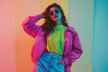 Gen-z beautiful arabic fashionable female, wearing neon stylish clothes, retro style in the style of vaporwave fashion