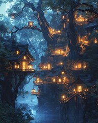 Obraz na płótnie Canvas Mystical forest with floating lanterns ancient spirits