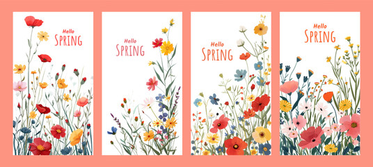Hello spring seasonal banners collection with beautiful colorful flowers