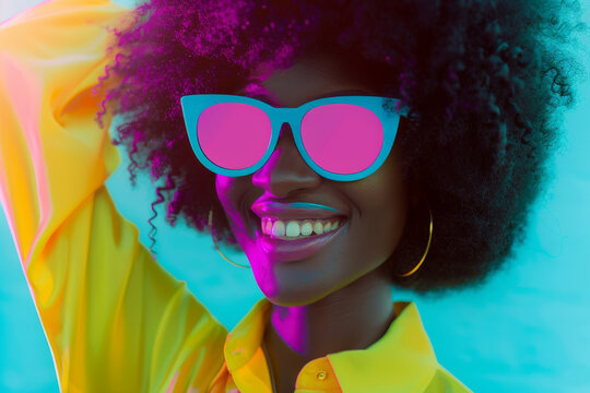 Beautiful black afro american woman wearing colorful blue cat shaped sunglasses for summer