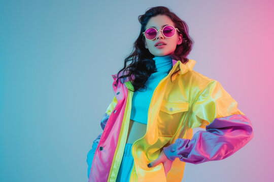 Gen-z beautiful arabic fashionable female, wearing neon stylish clothes, retro style in the style of vaporwave fashion