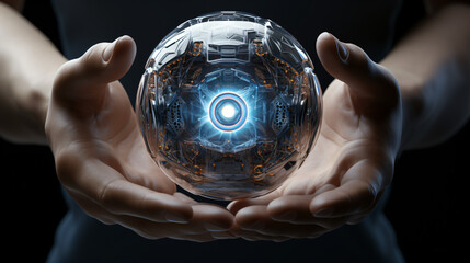 AI-generated: Human hands holding robot sphere eye.