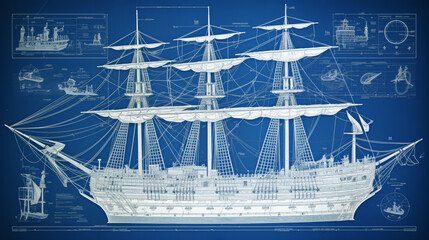 Illustration of a technical drawing of an old boat galleon style mixing the vintage aspect of the ship and the modern look of the blueprint - obrazy, fototapety, plakaty