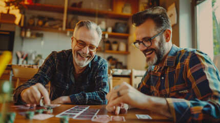 Two happy mature men playing to a card game on a table at home