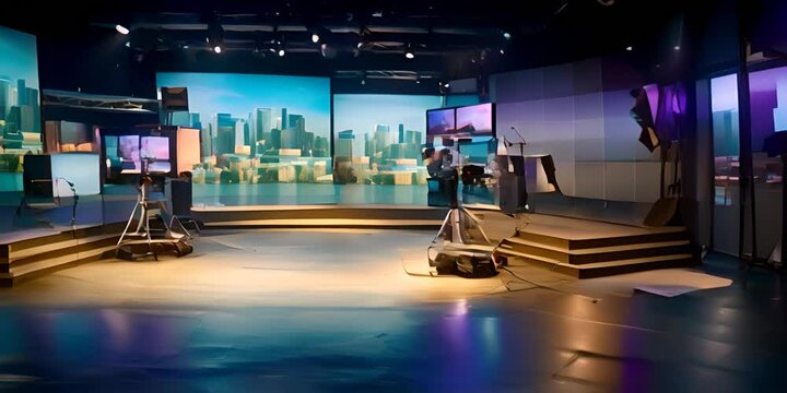TV studio set in preparation. Large scale monitors. 4K Video