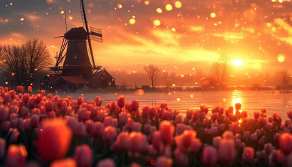 Beautiful sunset above the windmills on the field with tulips in the Netherlands, sunset in a tulip field in the Netherlands with a windmill turbine farm on background Beautiful sunlight Dutch spring © annebel146