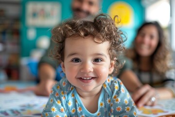 A toddler with a charming curly hair smiling and looking at camera, surrounded by his parents, with drawings on the table in a cozy home environment.