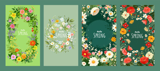 Fototapeta na wymiar Hello spring seasonal banners collection with beautiful colorful flowers