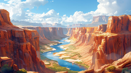 A majestic canyon along the bottom of which a river flows
