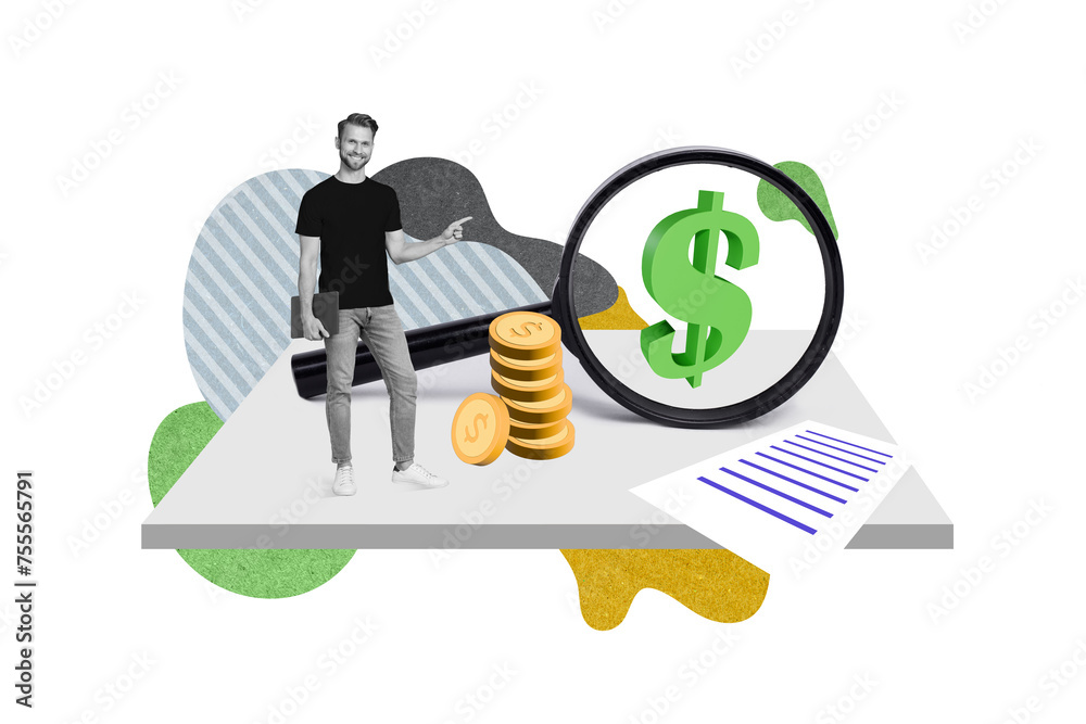 Aufkleber collage 3d pinup pop retro sketch image of professional confident guy pointing finger enlarging loup