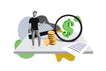 Collage 3d pinup pop retro sketch image of professional confident guy pointing finger enlarging loupe isolated painting background