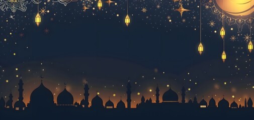 Gold Arabic lanterns and silhouette mosque for Ramadan decoration, isolated on dark Navy background. illuminate, greeting card, banner. copy space concept, mockup.	