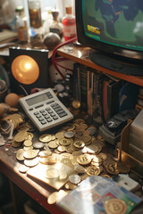 Vintage computer, calculator and money on the table in the room,Golden bitCoins Overflowing on a Cluttered Desk with Electronics and Miscellaneous Items