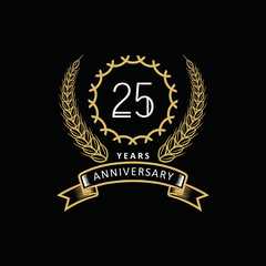25st anniversary logo with gold and white frame and color. on black background