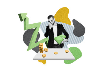 Creative photo illustration collage of intelligent smart handsome man holding money investing...