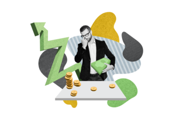 Creative photo illustration collage of intelligent smart handsome man holding money investing currency isolated on blue color background