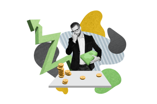 Creative photo illustration collage of intelligent smart handsome man holding money investing currency isolated on blue color background