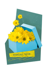 Creative retro 3d magazine collage image of present box full of yellow flowers isolated painting background