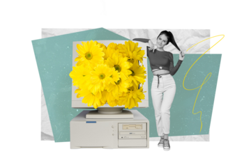 Creative 3d photo artwork graphics collage painting of charming lady vintage device flowers blossom isolated drawing background