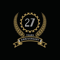 27st anniversary logo with gold and white frame and color. on black background