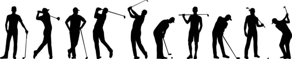 set, silhouette of men playing golf on a white background vector