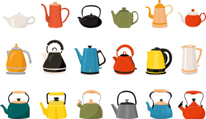 set of teapots in flat style on white background vector