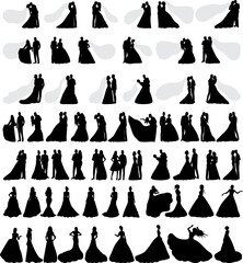 set of silhouettes of the bride and groom on a white background vector