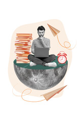 Magazine collage template of questioned guy working on netbook doing job report using pile stack encyclopedia