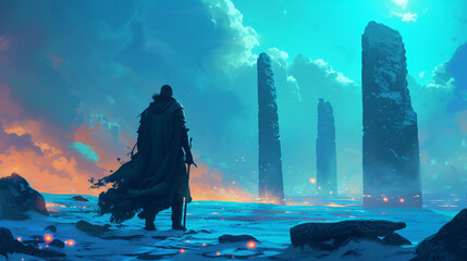 Knight standing among the stones with glowing.