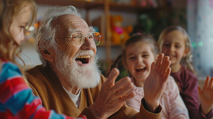 avô feliz e sorridente com surpresa feita pelos netos  - obrazy, fototapety, plakaty