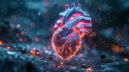 A heart is glowing in the dark with a blue and red hue - obrazy, fototapety, plakaty