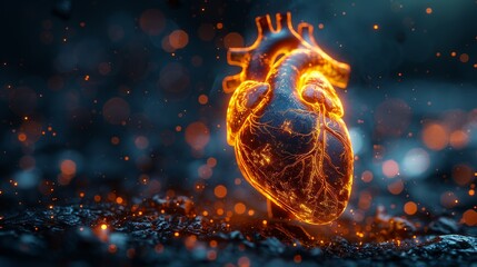 A heart is lit up with fire and surrounded by a blurry background - obrazy, fototapety, plakaty